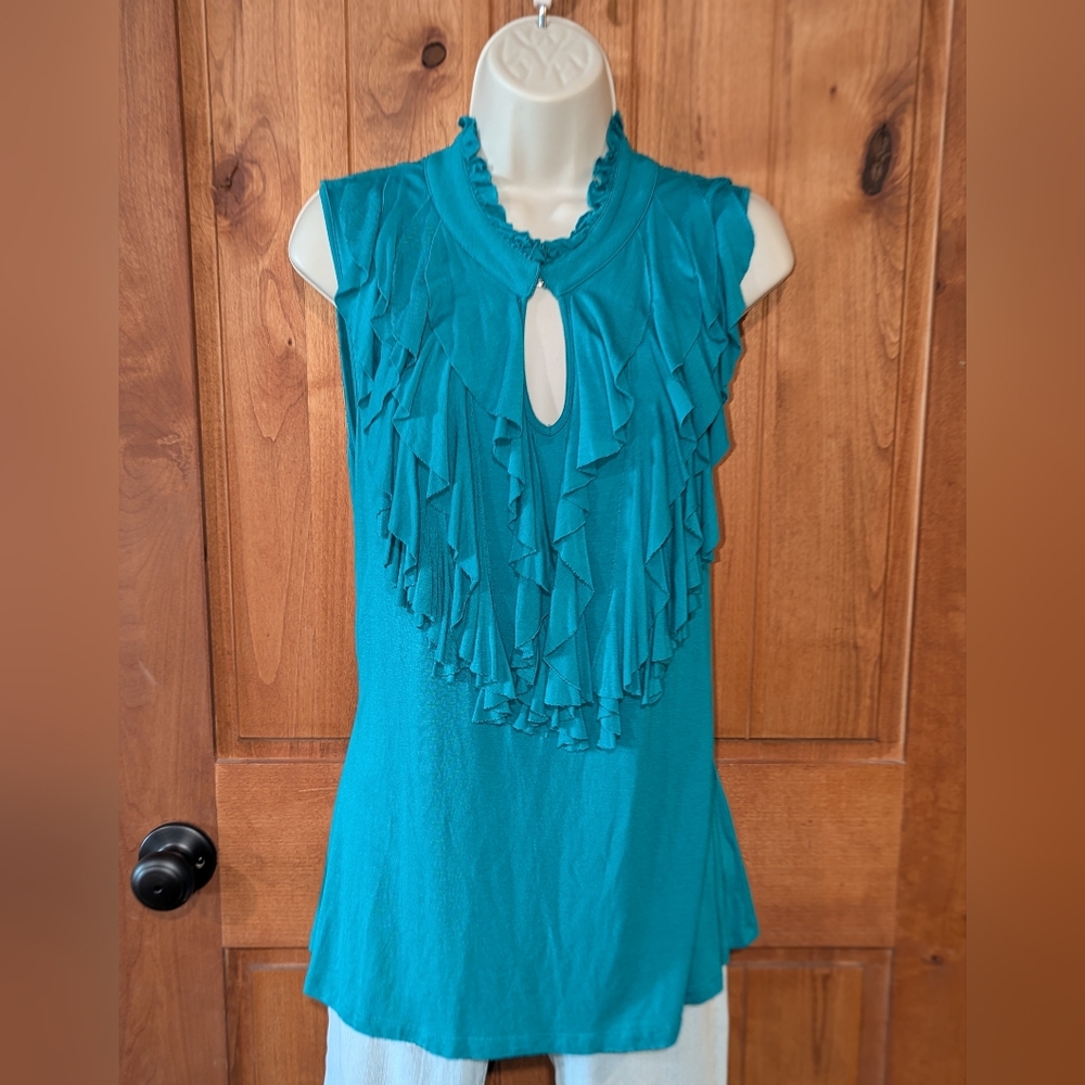 Fever Turquoise Ruffle Front Sleeveless Top - Picture 2 of 6